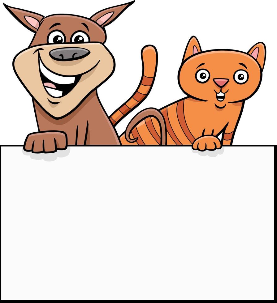cartoon dog and cat with white card or signboard graphic design vector