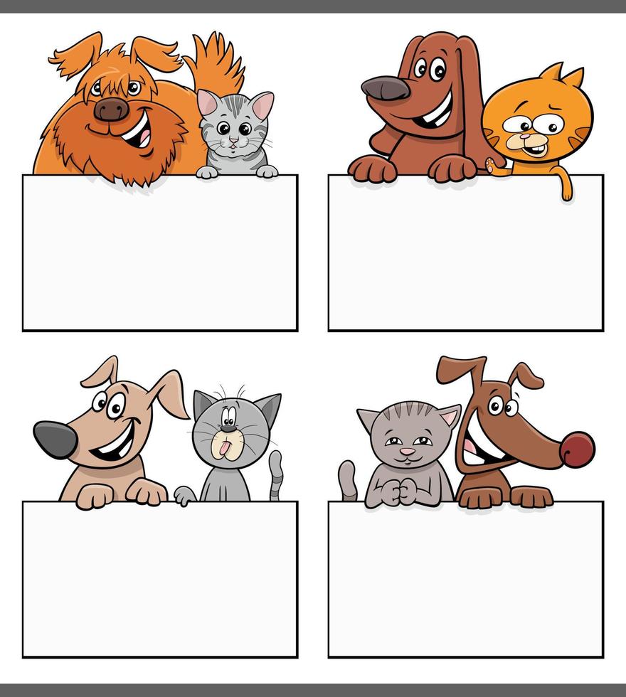 gatos y perros de dibujos animados con diseño de tarjeta en blanco vector