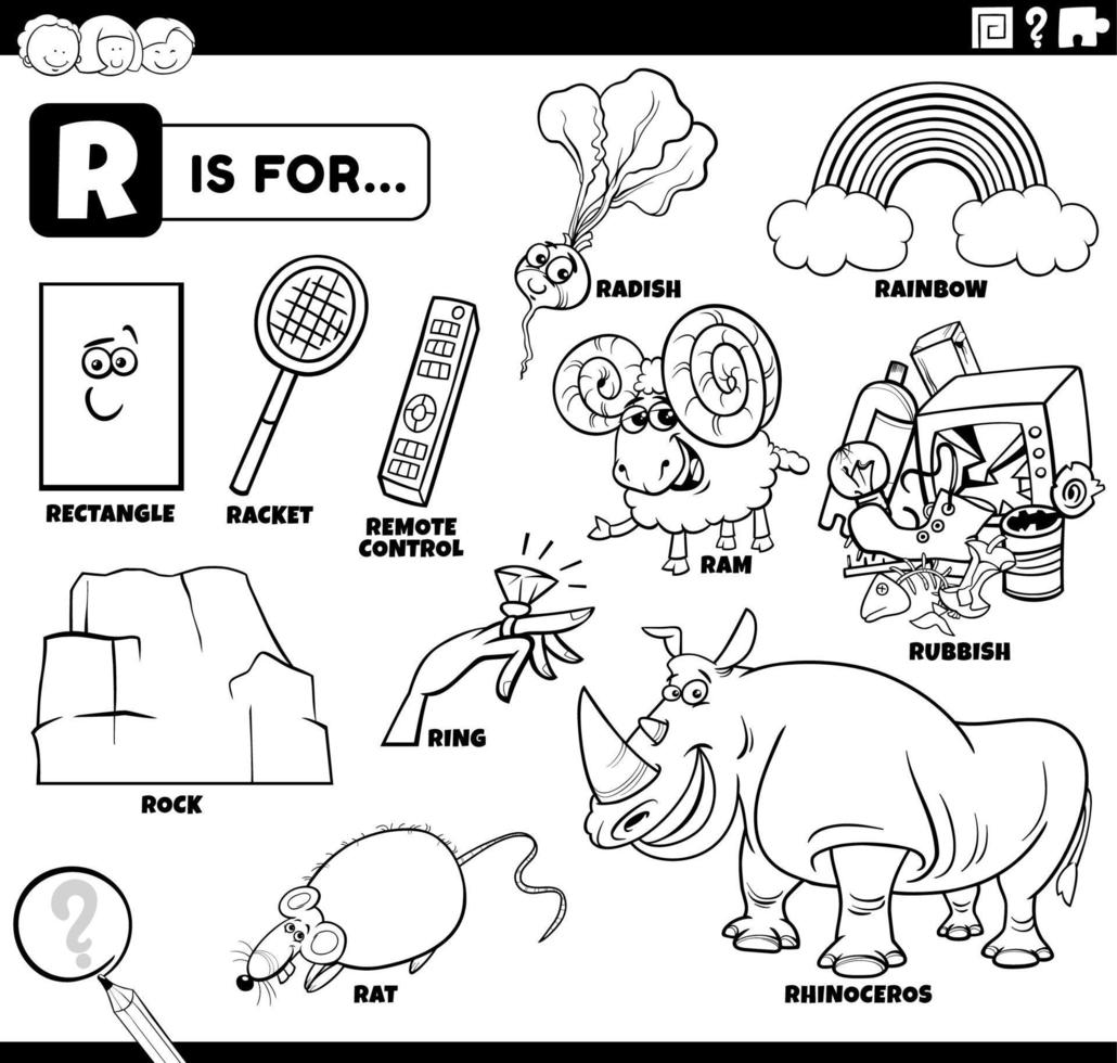 letter r words educational set coloring book page 7817486 Vector Art at