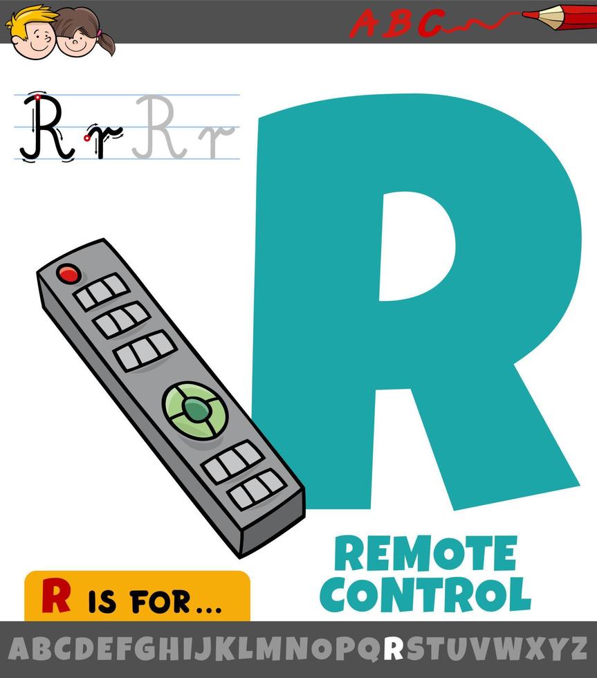 letter R worksheet with cartoon remote control object vector