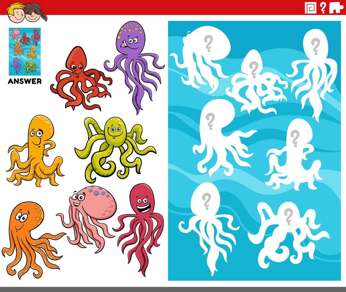 matching shapes game with cartoon octopus animal characters vector