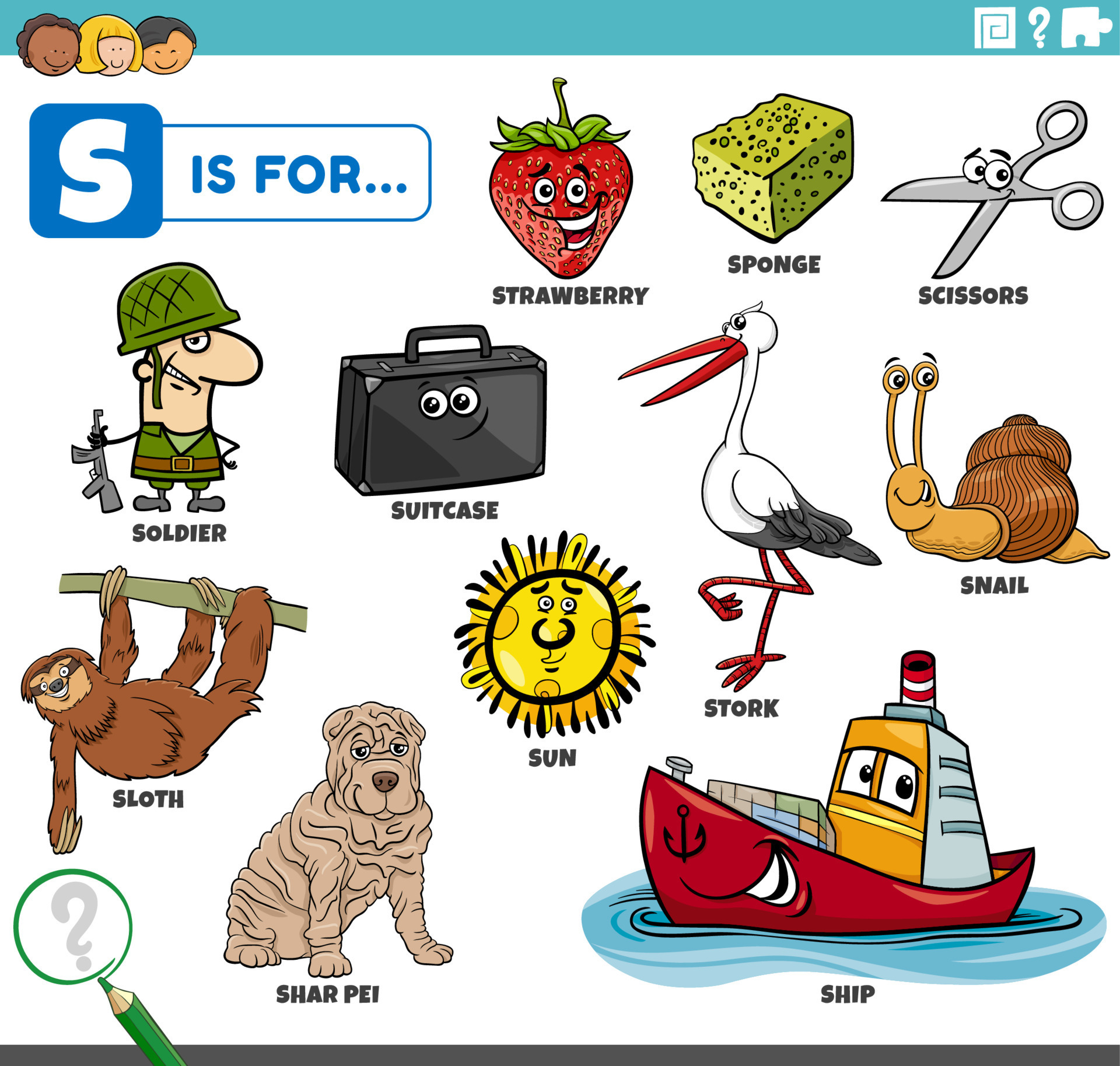 letter s words educational set with cartoon characters 7817506 Vector Art  at Vecteezy