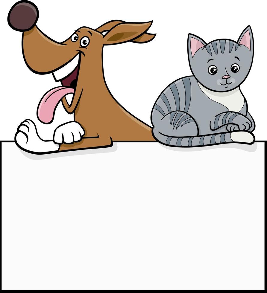 perro y gato de dibujos animados con diseño gráfico de tarjeta en blanco vector