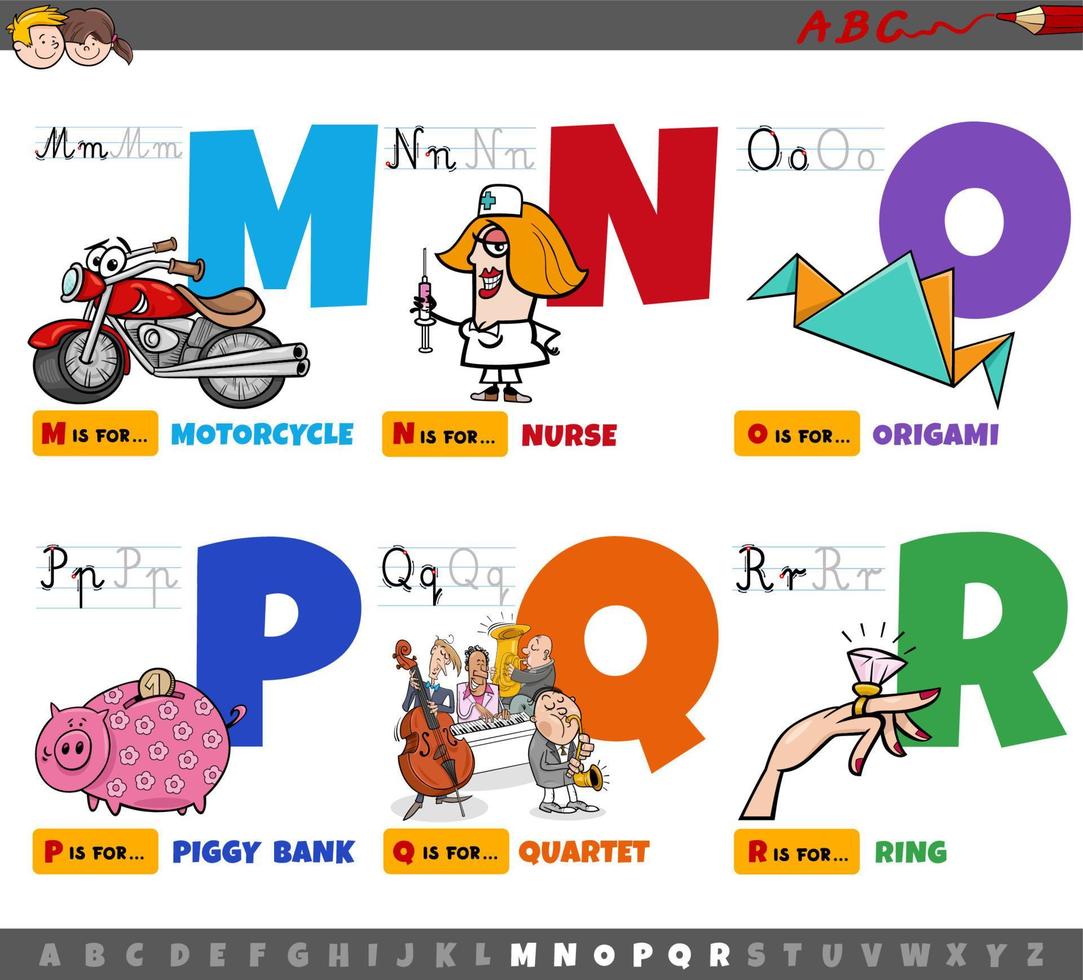 educational cartoon alphabet letters for children from M to R vector