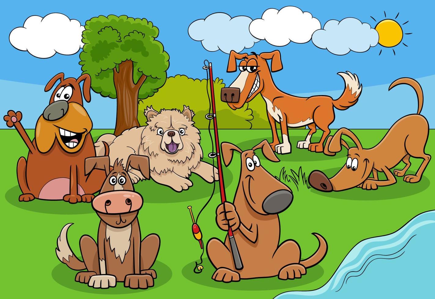 funny cartoon dogs and puppies characters group by the river vector