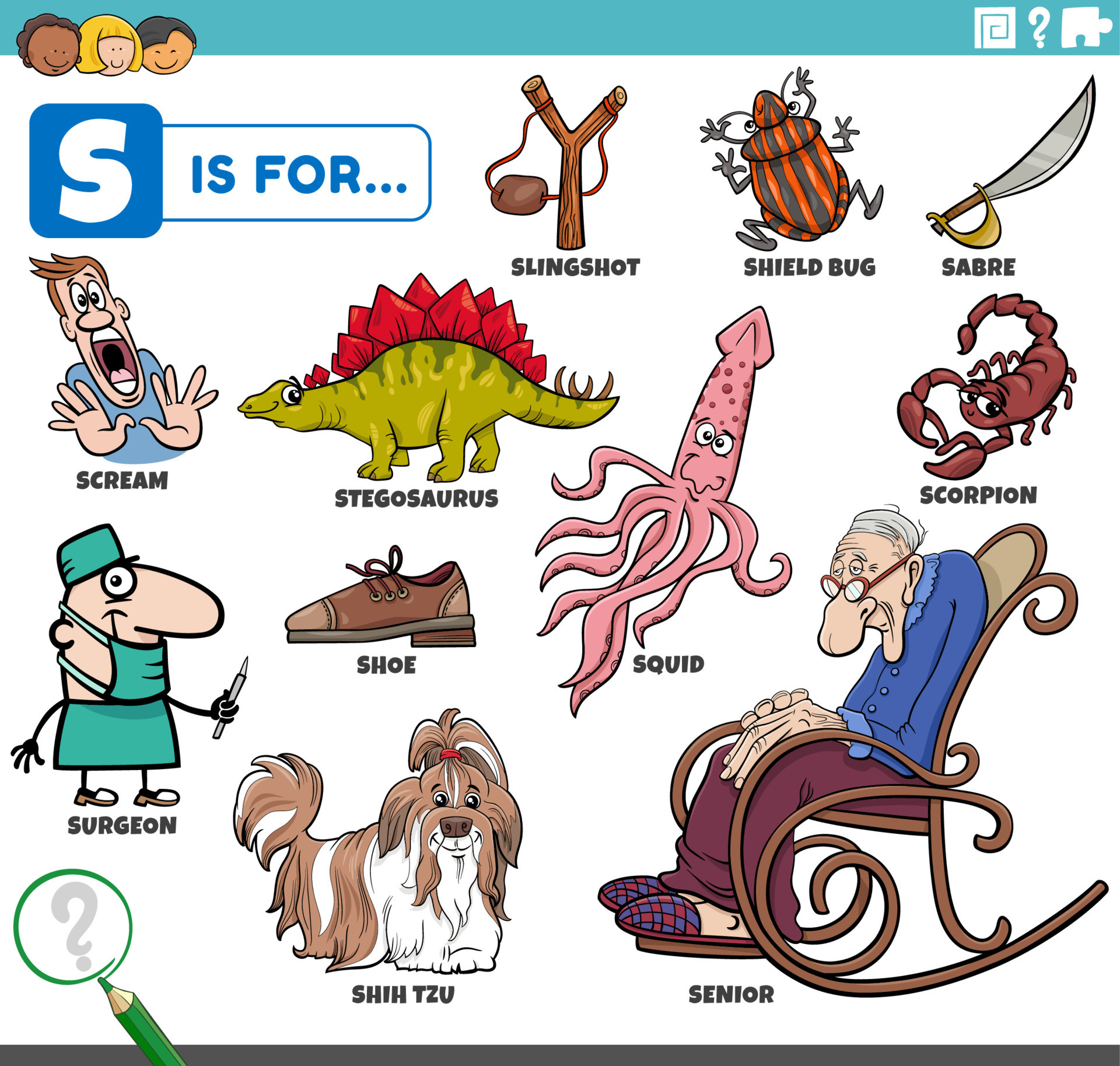 letter s words educational set with cartoon characters 7817551 Vector Art at Vecteezy