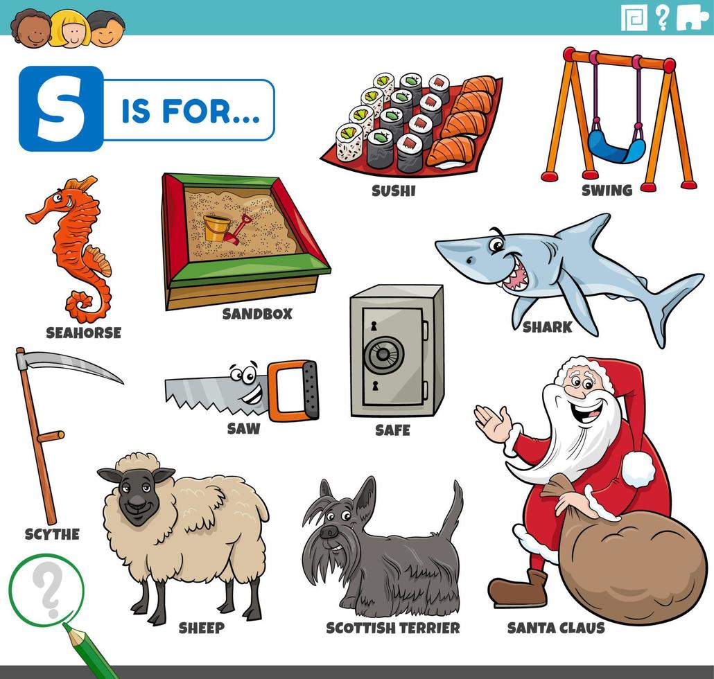 letter s words educational set with cartoon characters 7817554 Vector