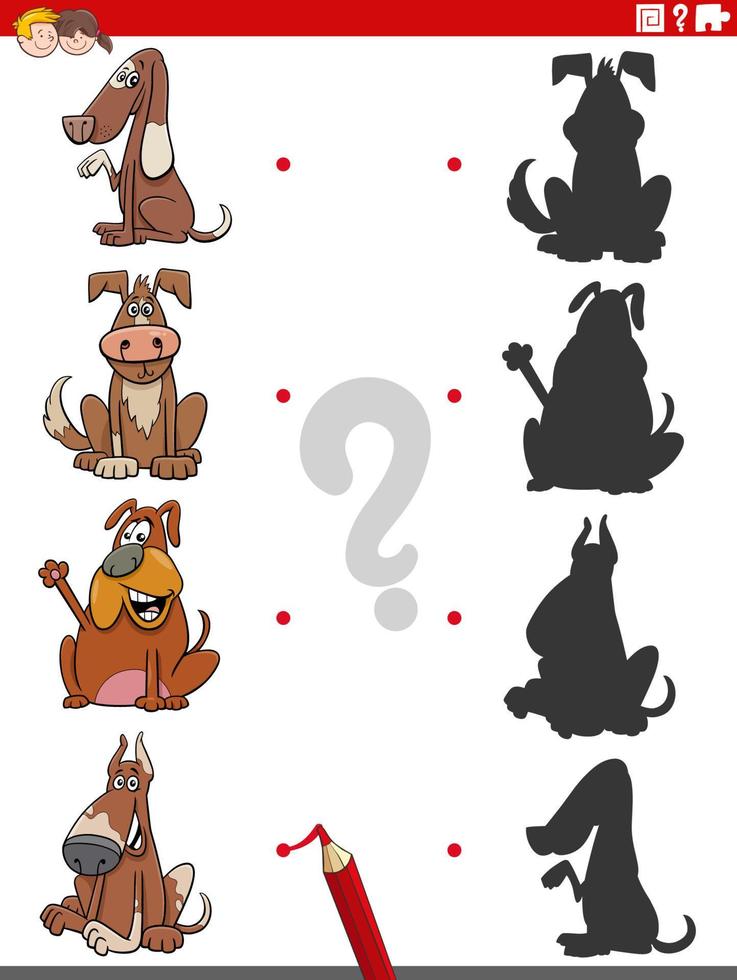 juego educativo de sombras con divertidos perros de dibujos animados vector