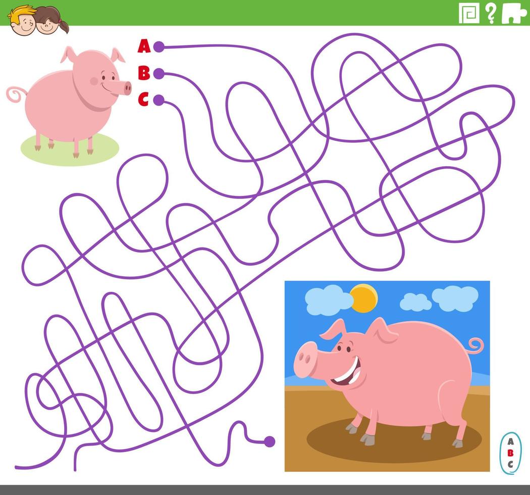 maze game with cartoon pig character and piglet vector