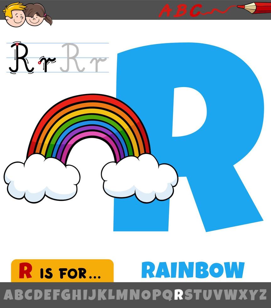 hoja de trabajo de la letra r con arco iris de dibujos animados vector