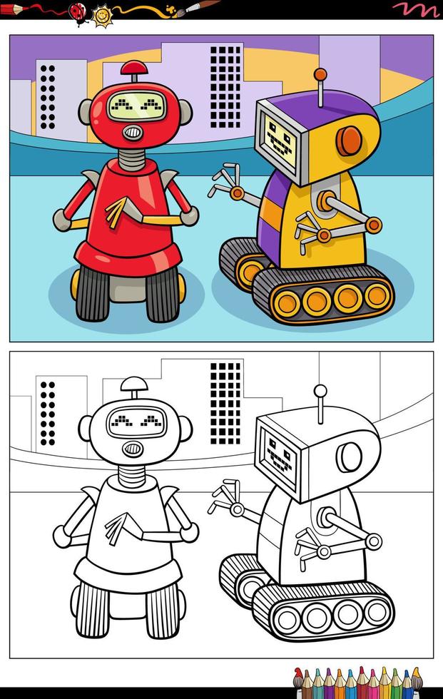 robot de dibujos animados o personajes de droides para colorear página del libro vector