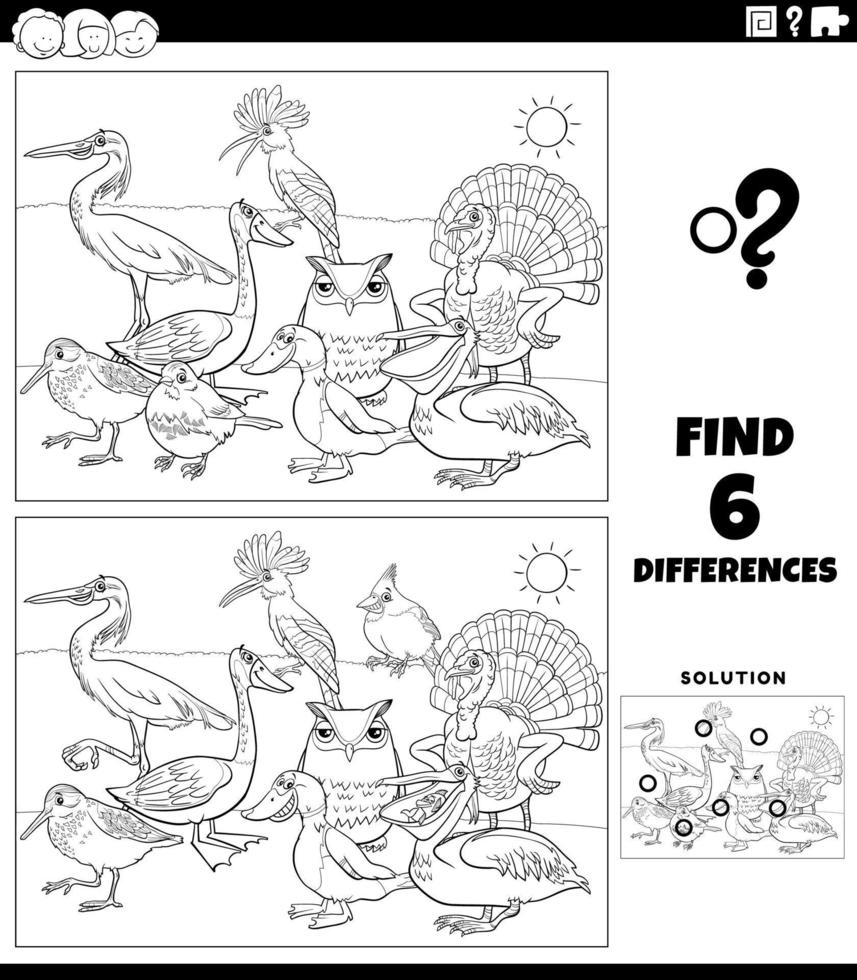 differences game with cartoon birds coloring book page vector