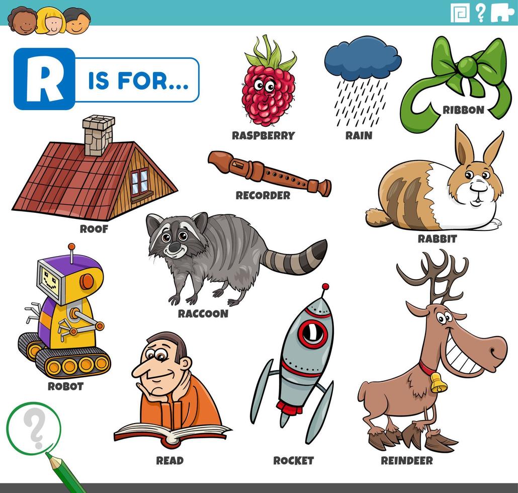 letter r words educational set with cartoon characters vector