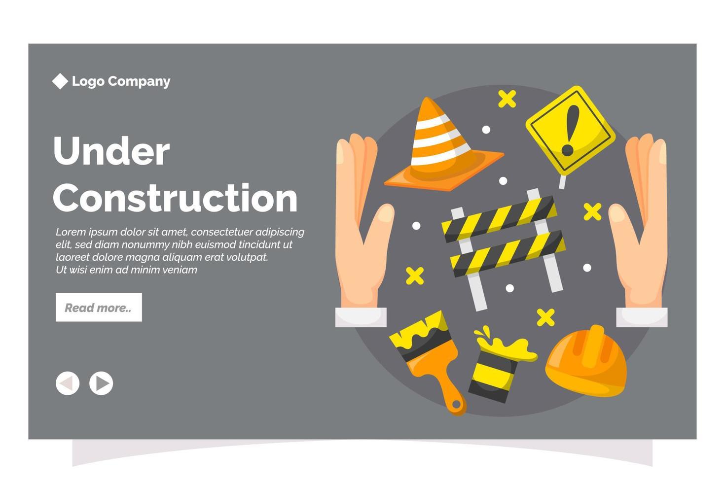 under construction landing page in flat design style vector