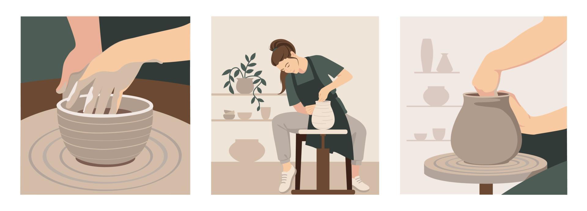 Set of illustrations for a pottery workshop. vector
