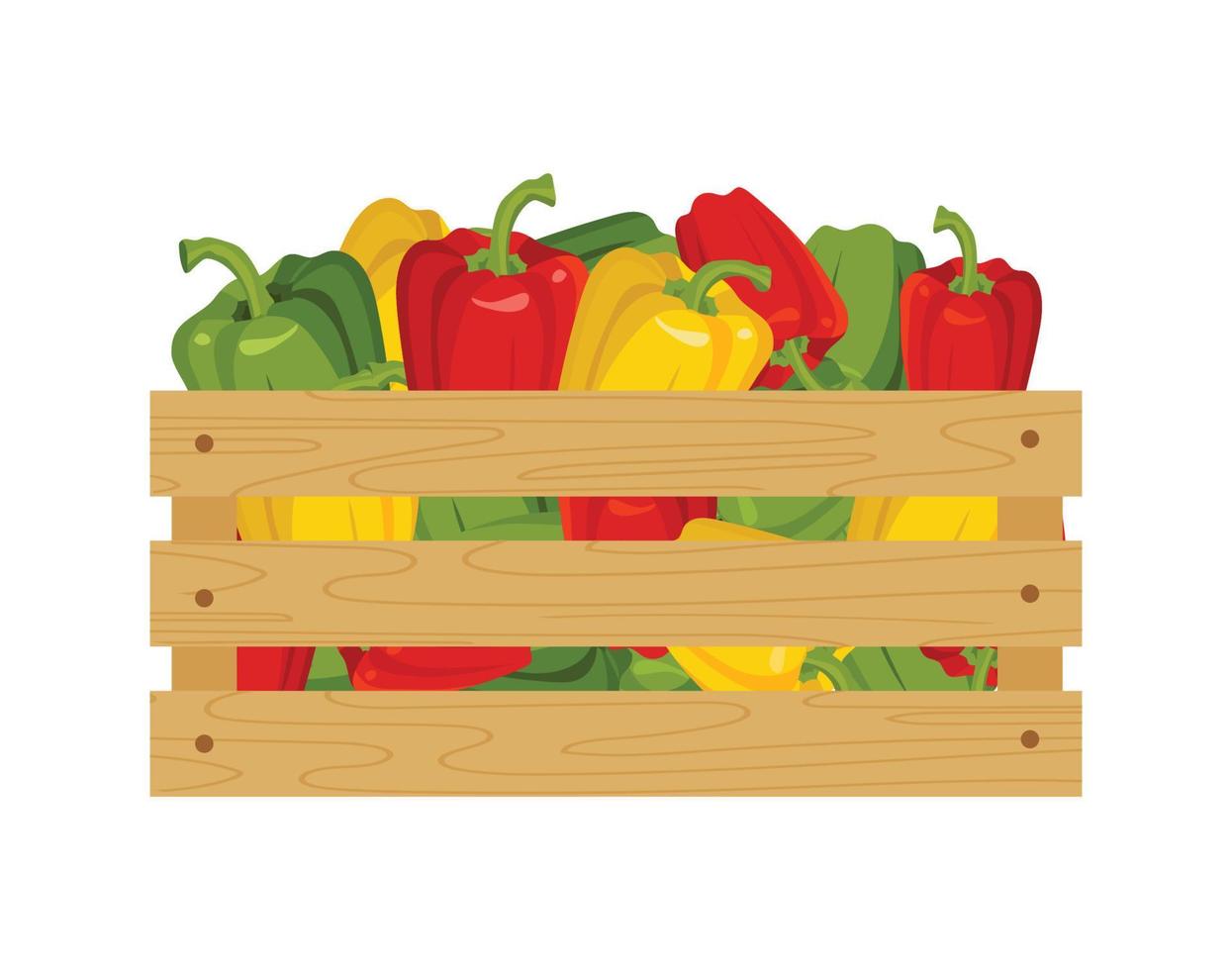 Bulgarian pepper. Wooden box with peppers. Wooden box with vegetables. Vector illustration isolated on a white background