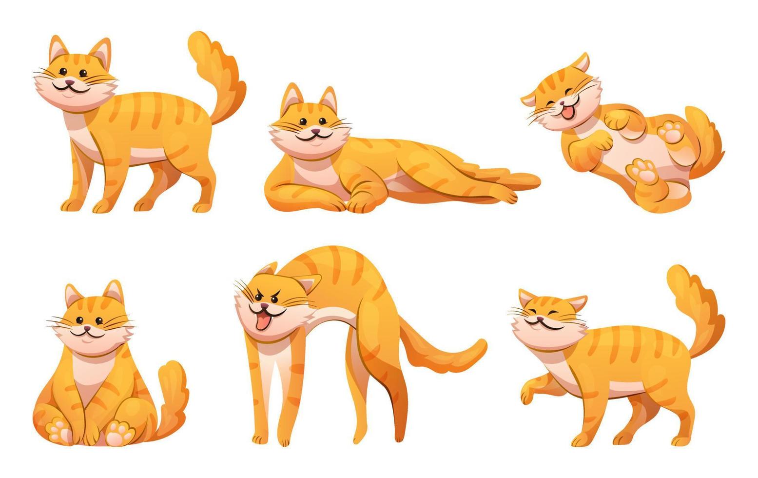 conjunto de lindo gato en varias poses ilustración de dibujos animados vector