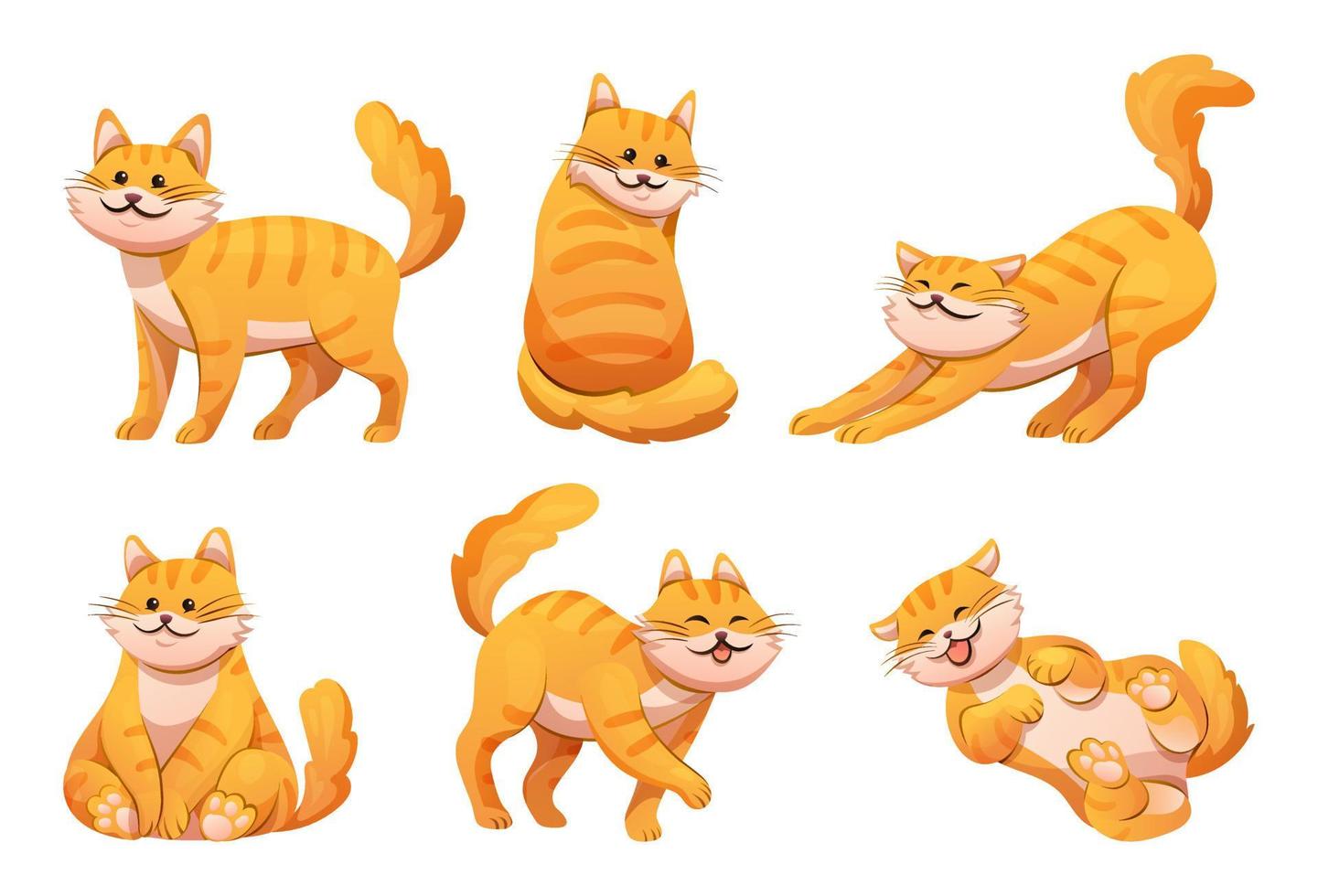 lindo gato rayado naranja en varias poses ilustración de dibujos animados vector