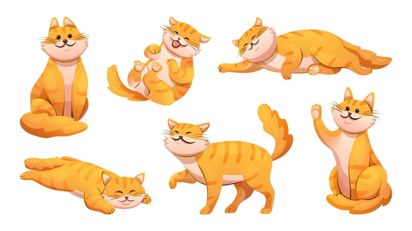 conjunto de lindo gato en diferentes poses ilustración de dibujos animados vector