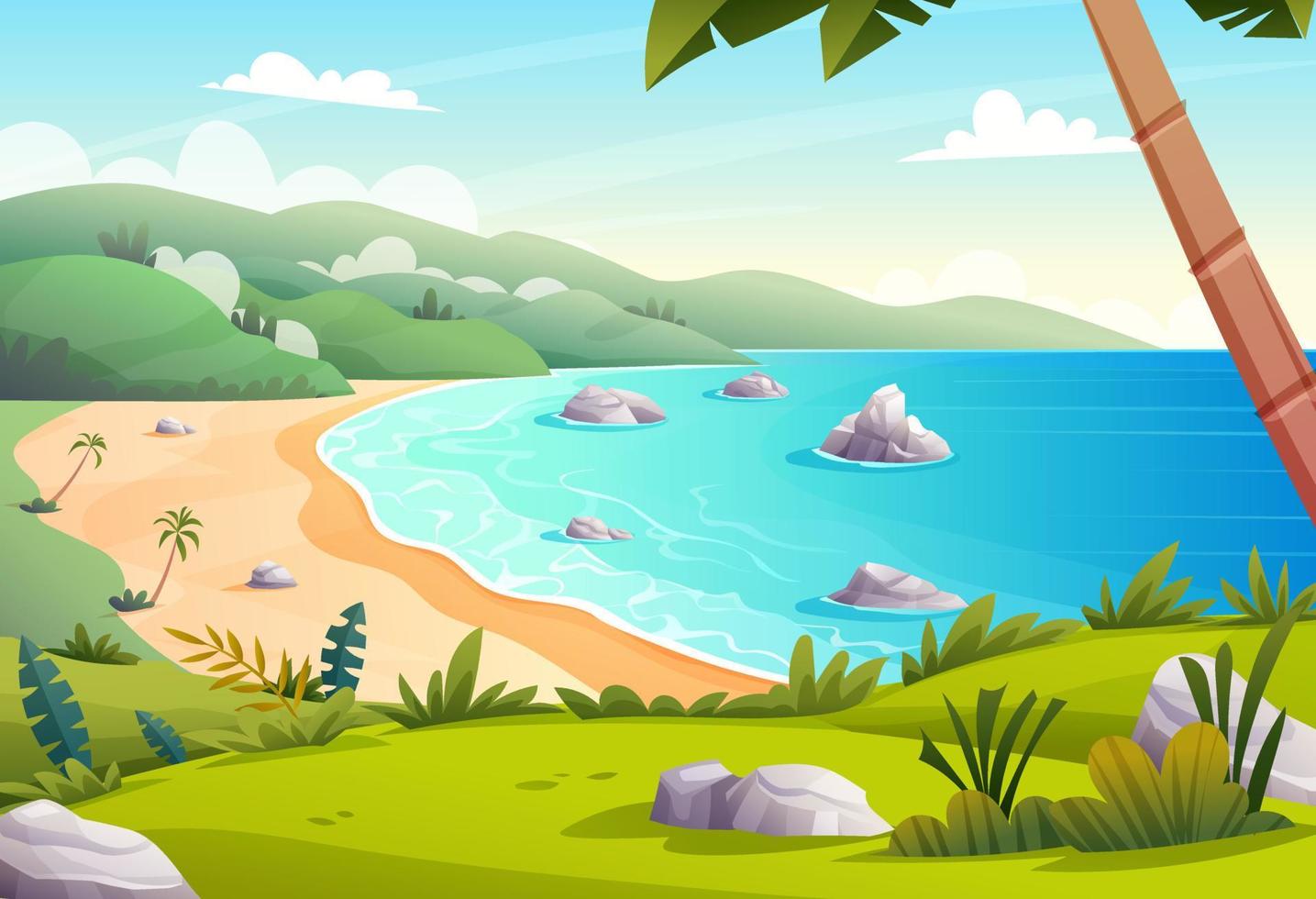 panorama de la bahía del océano con el concepto de vista de la costa y la colina. ilustración de paisaje de dibujos animados de vacaciones de playa tropical vector