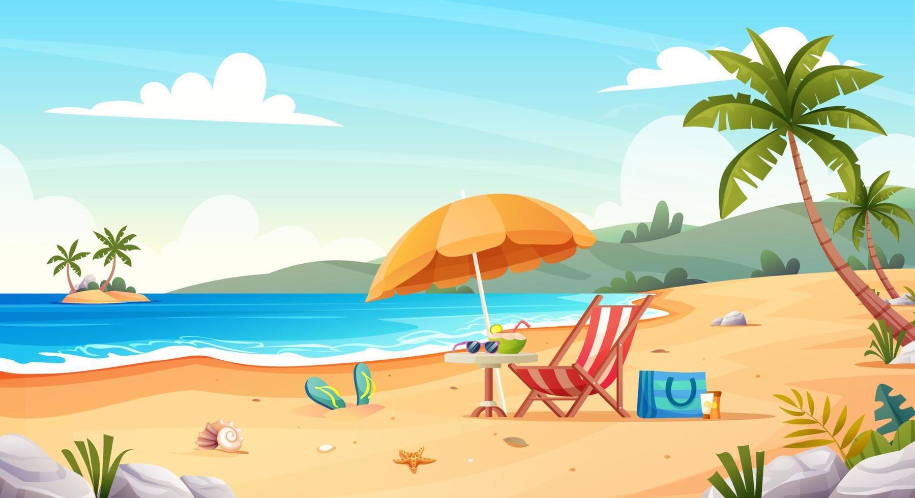 paisaje de playa tropical con silla de playa y sombrilla en la orilla del mar. concepto de vector de dibujos animados de vacaciones de verano