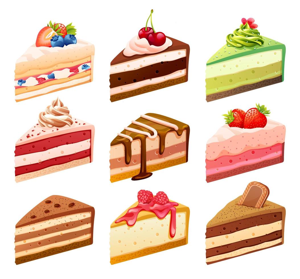 Set of various colorful cake slices cartoon illustration vector