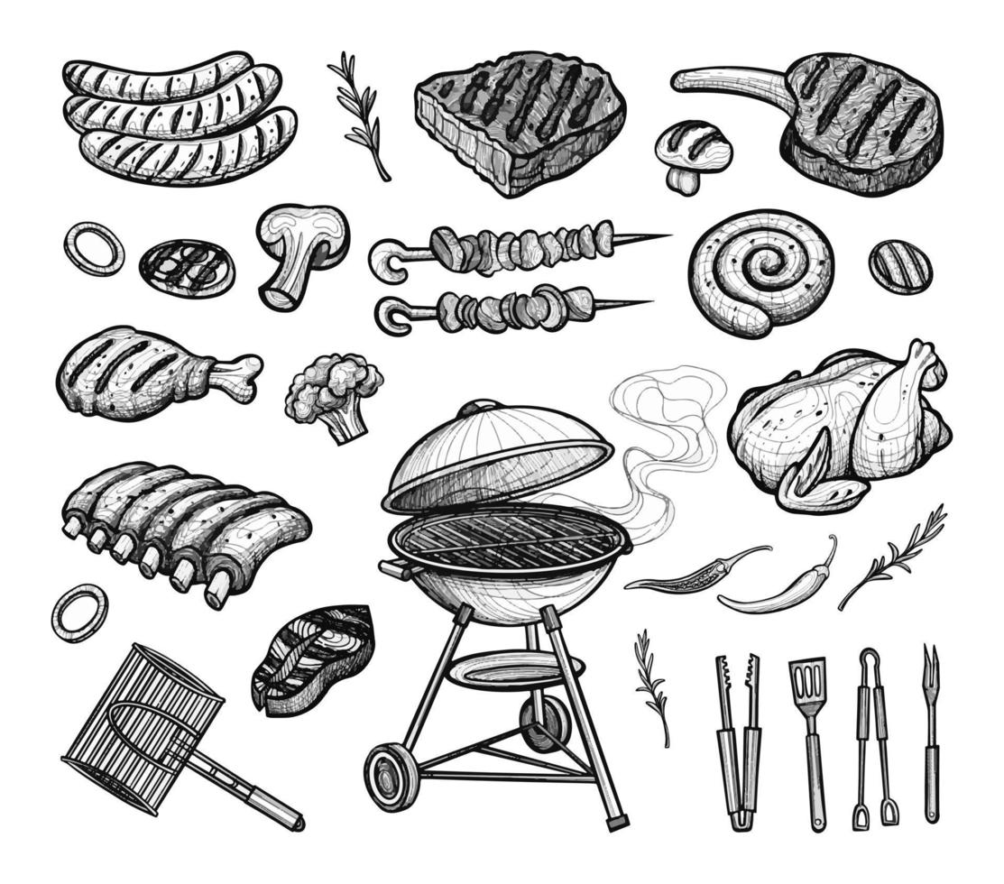 conjunto de elementos de fiesta de barbacoa carne a la parrilla e ingredientes boceto dibujado a mano. Ilustración del concepto de barbacoa vector