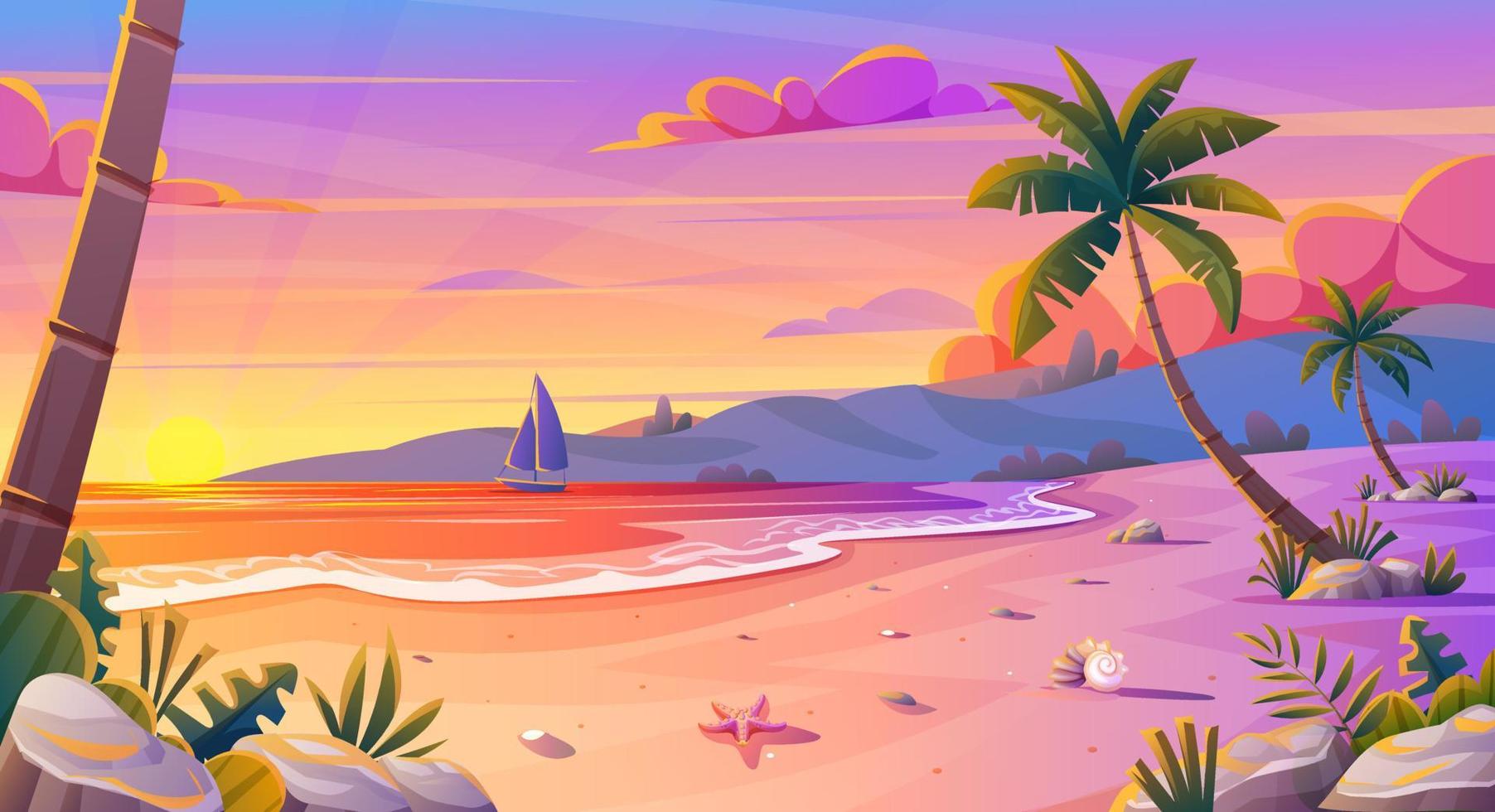 puesta de sol o amanecer en el paisaje de la playa con hermoso cielo rosa y reflejo del sol sobre el agua. concepto de dibujos animados de fondo de vacaciones de verano vector