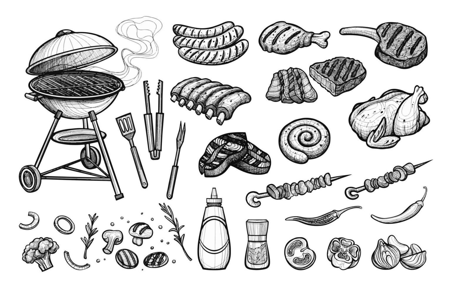 Set of barbecue elements grilled meat and ingredients hand drawn sketch. BBQ party concept illustration vector