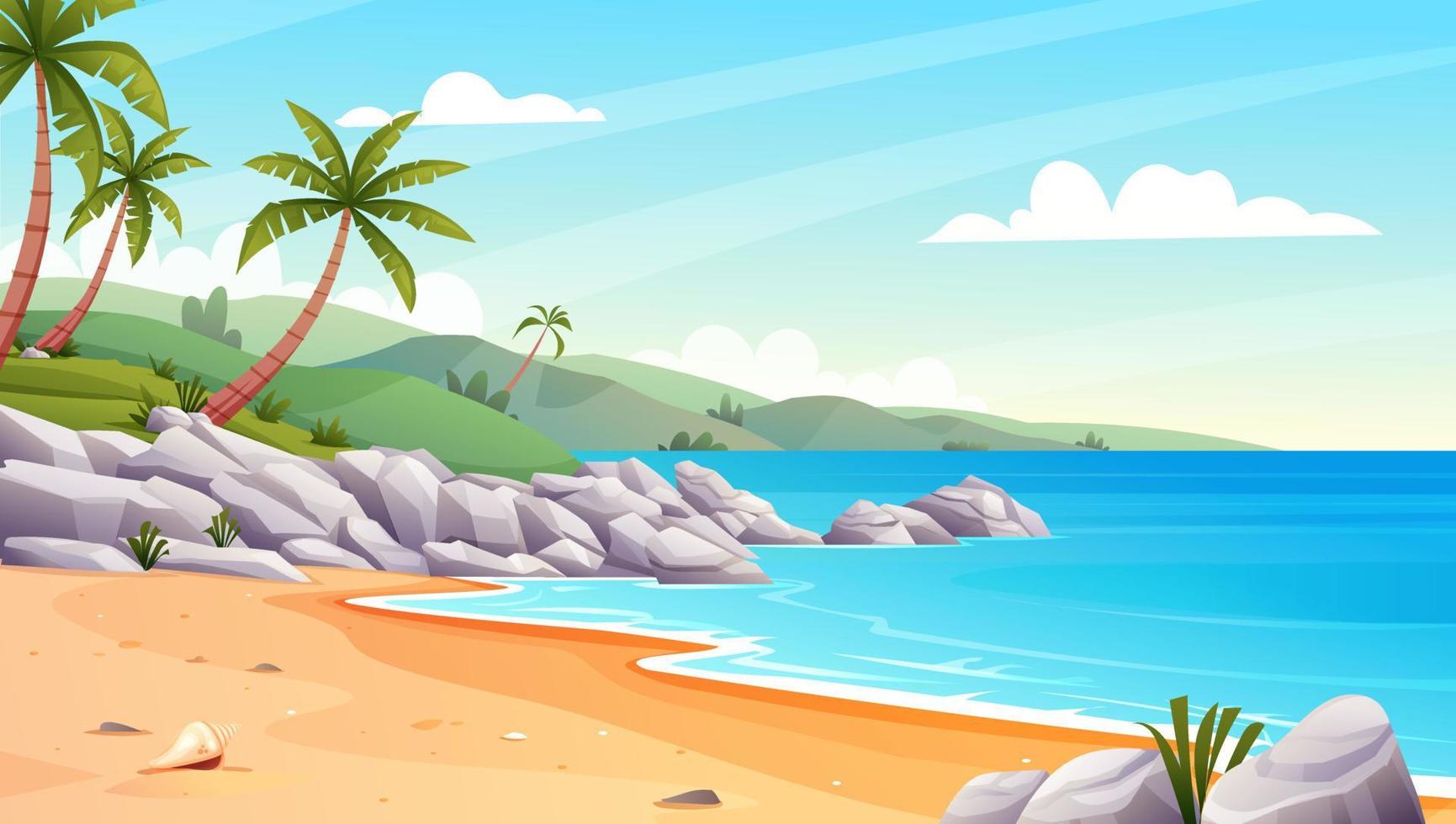 paisaje de playa tropical con palmeras y rocas en la ilustración de dibujos animados de la orilla del mar vector