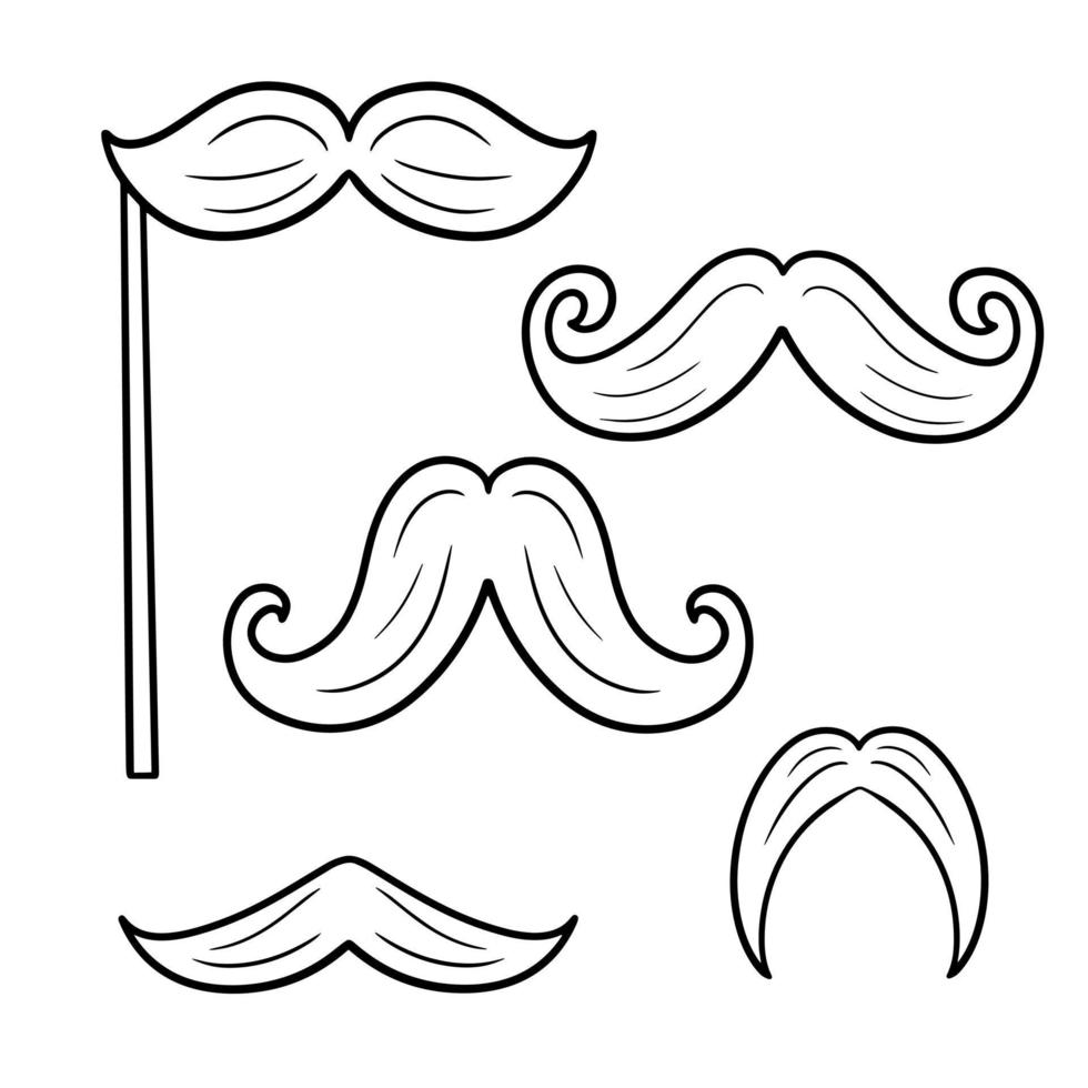 Set of vector monochrome illustration. Funny cartoon mustache for parties and practical jokes, mustache on a stick, fake funny mustache