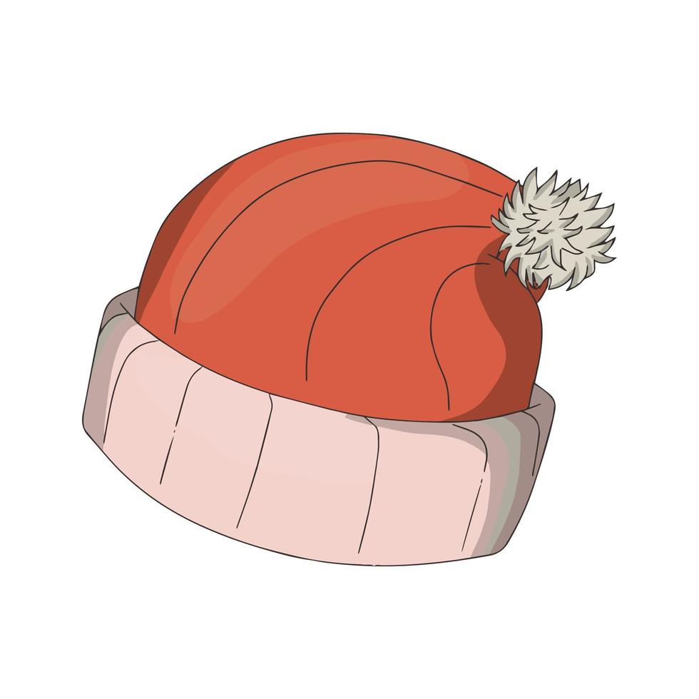 A red warm winter hat with a pump. vector cartoon illustration on a white background