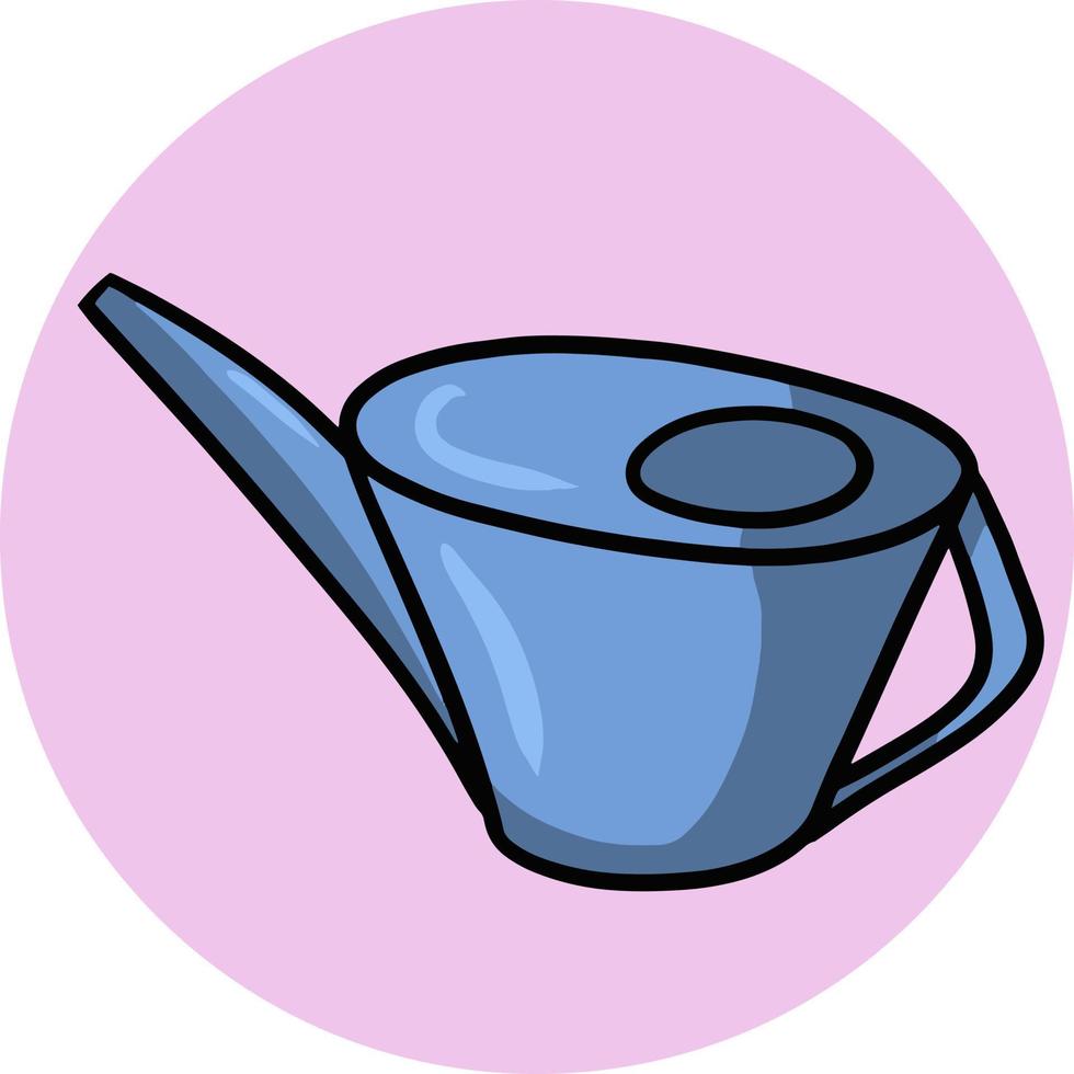 Round card, logo. Blue cartoon watering can for watering plants, housework and gardening. Vector illustration on a round light background