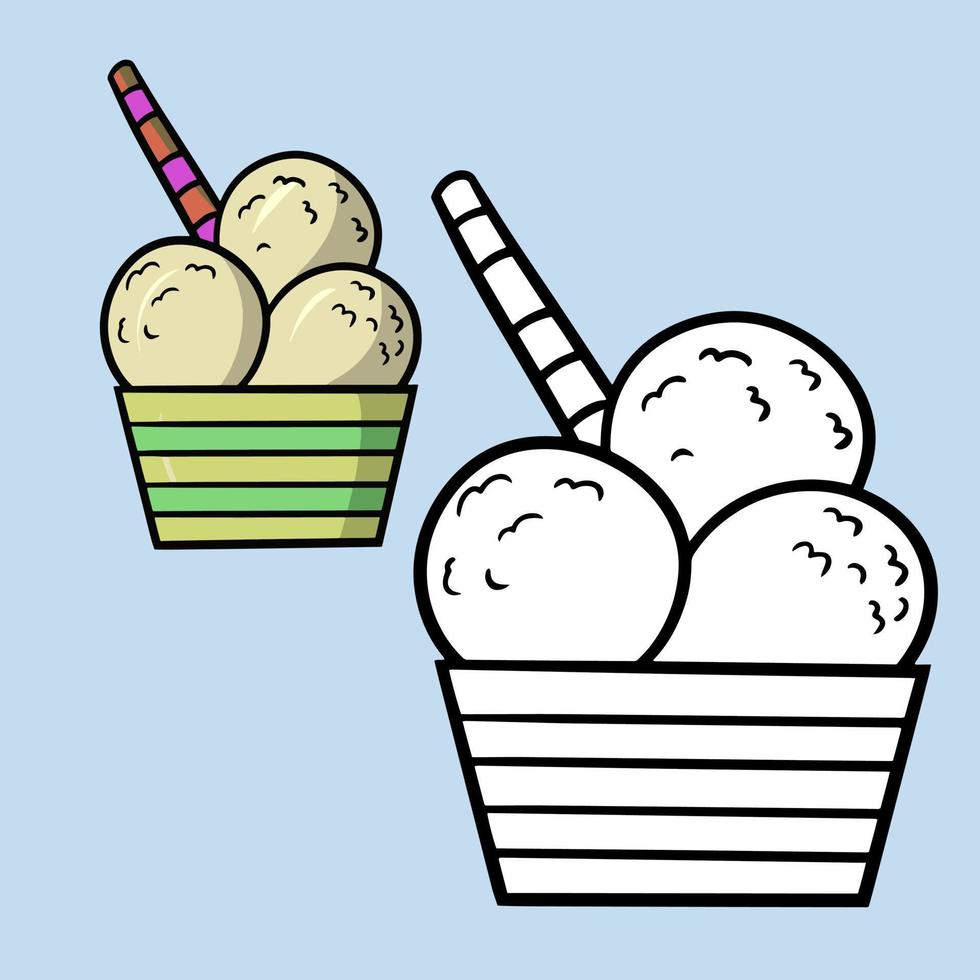 A set for a coloring book. Sweet cold dessert, vanilla ice cream in a striped glass with a sugar tube cartoon vector illustration on a blue background