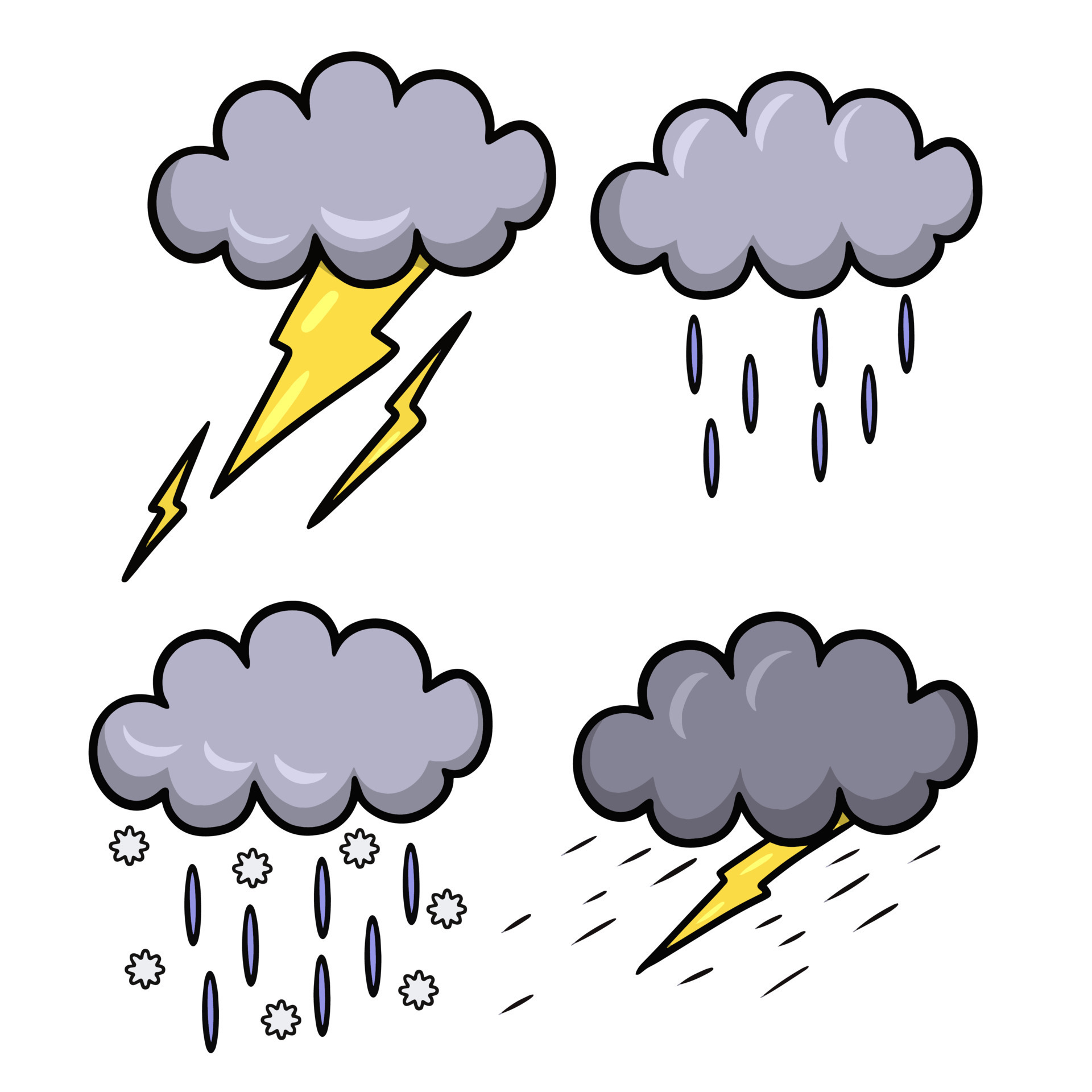 Collection of vector illustrations of various weather conditions with