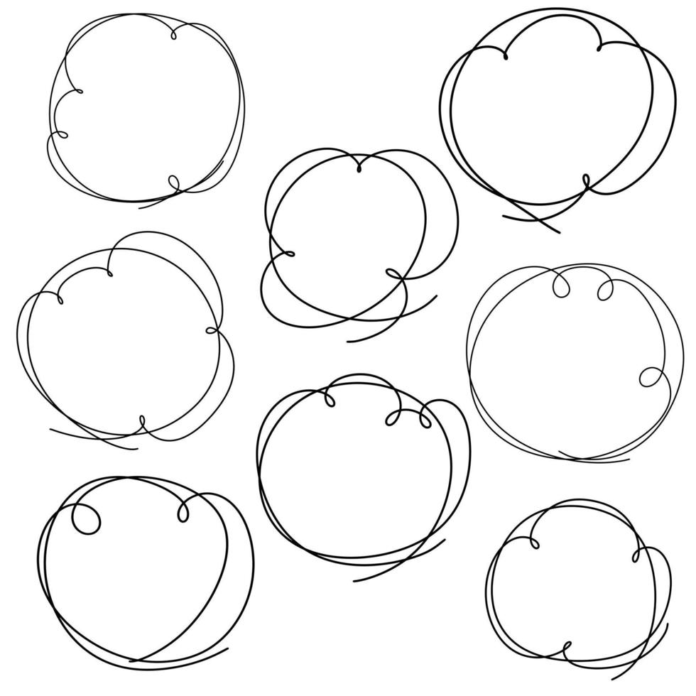 Large set of round frames with a swirling line, vector illustration with line style on a white background