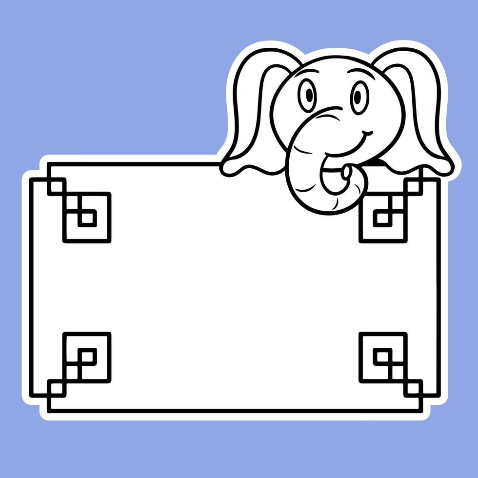 Monochrome sticker, tag, Rectangular frame with a funny baby elephant, with an empty space to copy, vector illustration in cartoon style