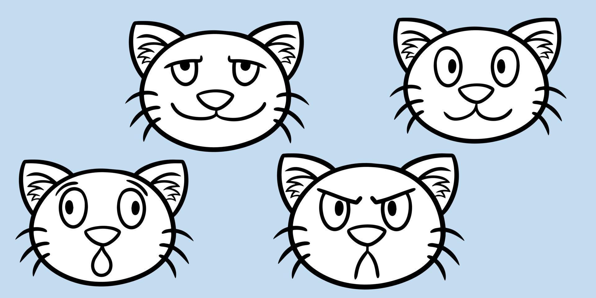 A set of black and white monochrome cute cats, cat faces with different emotions, vector illustration on a light background