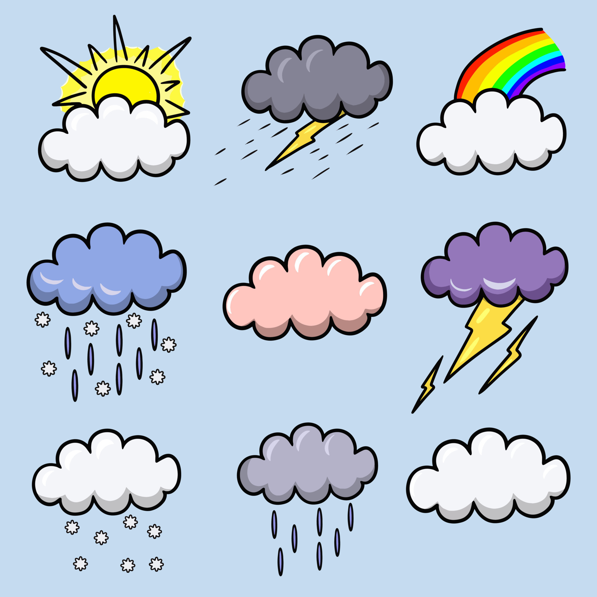 ilustración de dibujos animados en color, un conjunto de condiciones  climáticas con nubes, una nube con relámpagos y una tormenta, lluvia y  nieve están llegando, vector 7817793 Vector en Vecteezy