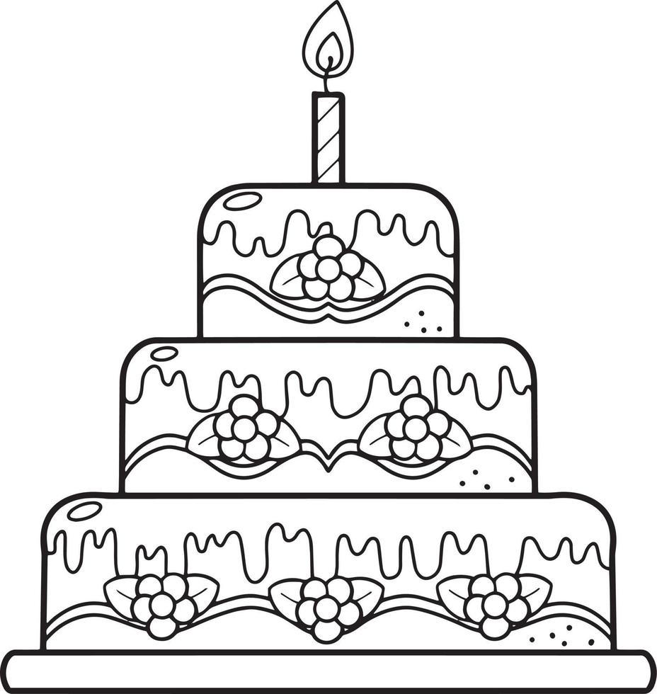Vector illustration. Monochrome drawing of a cake with one candle. Line on a transparent background