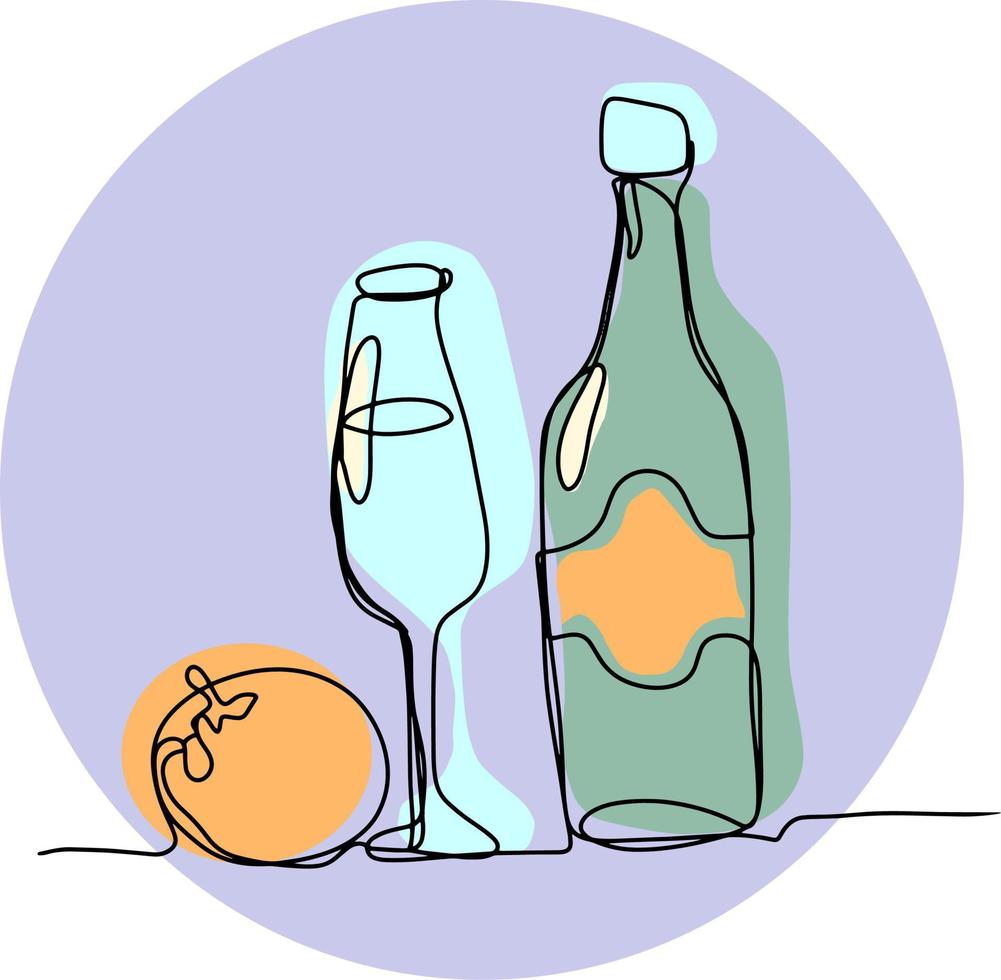 A festive set of a bottle of wine, a wine glass and a tangerine on a lilac background. Vector illustration with one line
