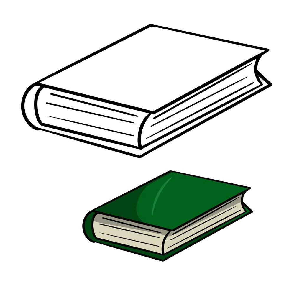 fotografías monocromáticas y en color, libro verde cerrado, colección escolar. ilustración vectorial, estilo de dibujos animados sobre un fondo blanco, juego de libros para colorear vector