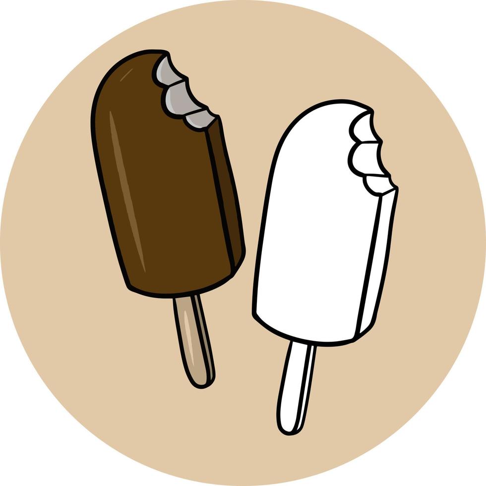 el conjunto de imágenes es monocromo y color, un libro para colorear. paleta cubierta de chocolate, deliciosos postres fríos, helado de chocolate en un palito. ilustración vectorial en estilo de dibujos animados vector