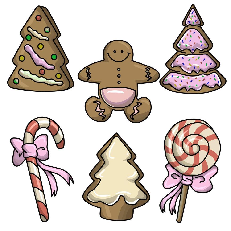 Festive gingerbread with icing and sweets for the design of postcards and invitations. Vector illustration on a white background