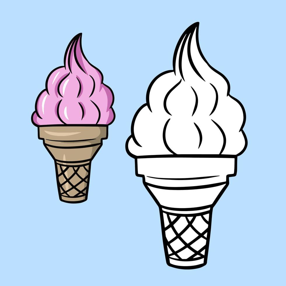 A set of illustrations, a coloring book. Pink fruit ice cream in a waffle cup, cone, sweet cold dessert, cartoon vector illustration on a blue background