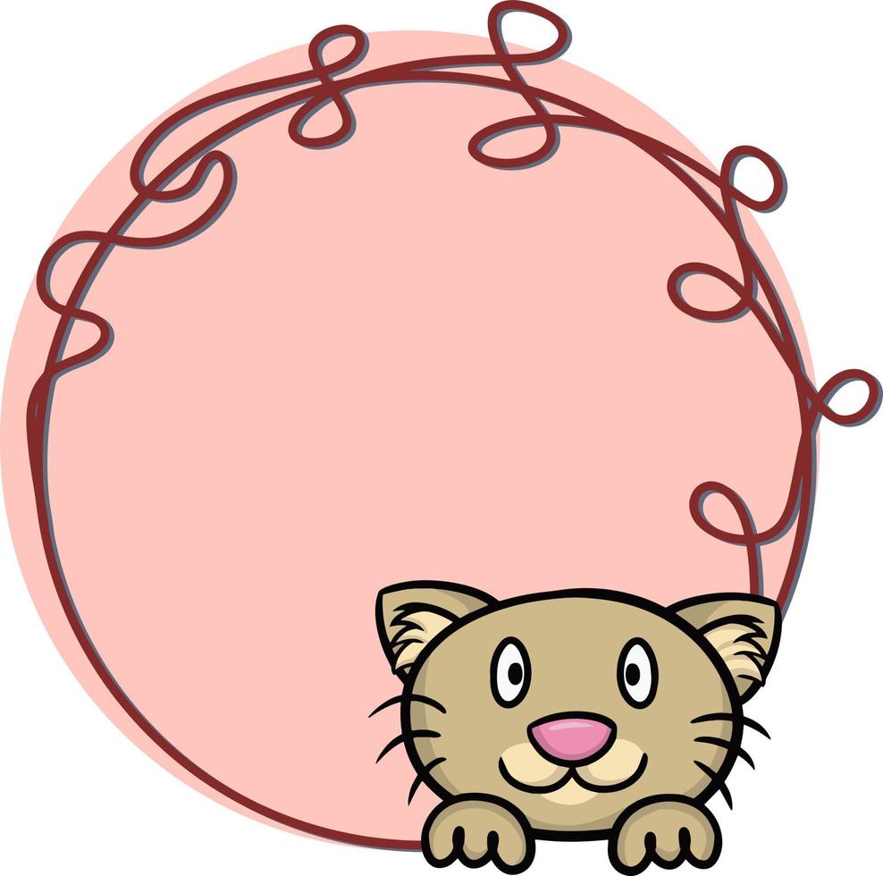 A round frame with an empty space for copying, a cute beige kitten looks. Vector cartoon illustration