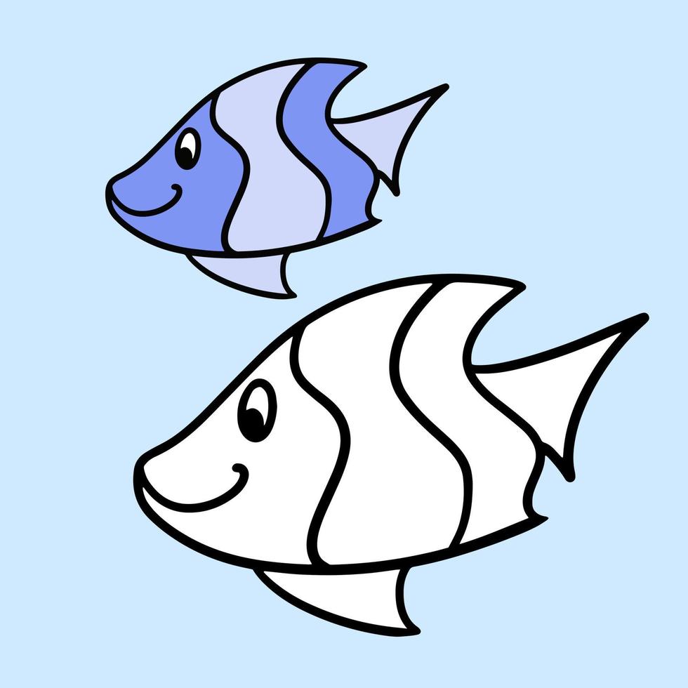 lindo pez azul de dibujos animados, habitante de mares tropicales, peces de acuario, ilustración vectorial sobre un fondo claro, un conjunto de dibujos de color y bocetos, libro de colorear. vector