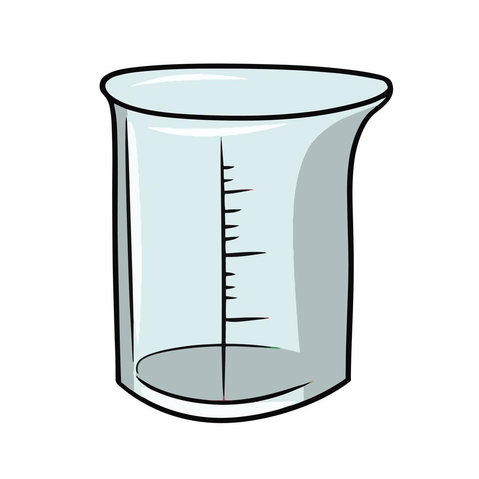 Large glass measuring cup with divisions, vector illustration in cartoon style on a white background