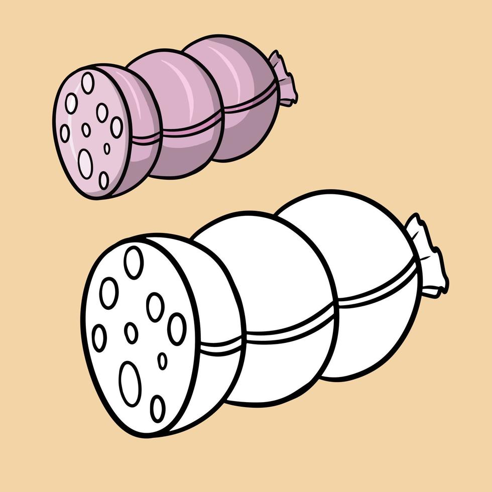 Coloring book set, Delicious pink piece of boiled sausage with bacon slices, vector cartoon illustration on a light background