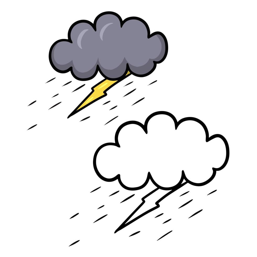 un conjunto para colorear libros, imágenes en color y monocromáticas. nube oscura con relámpagos y tormentas, viene la lluvia, ilustraciones vectoriales sobre fondo blanco vector